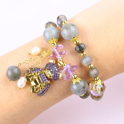 Labradorita de 7 mm y perla de agua dulce hecha a mano piedra preciosa púrpura oso de encanto pulsera de cuentas