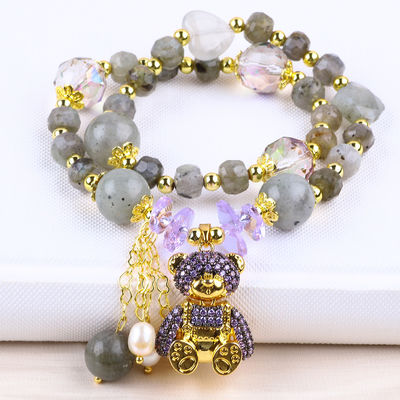 Labradorita de 7 mm y perla de agua dulce hecha a mano piedra preciosa púrpura oso de encanto pulsera de cuentas