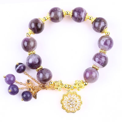 Hecho a mano 12MM Sueño Ametista con girador de flores Encanto Bendición de cristal de la pulsera de cuentas