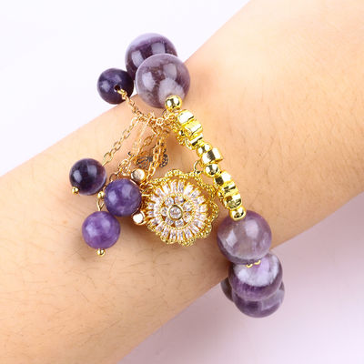 Hecho a mano 12MM Sueño Ametista con girador de flores Encanto Bendición de cristal de la pulsera de cuentas