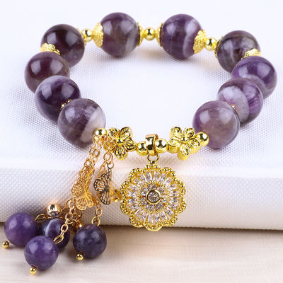 Hecho a mano 12MM Sueño Ametista con girador de flores Encanto Bendición de cristal de la pulsera de cuentas