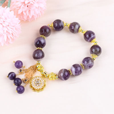 Hecho a mano 12MM Sueño Ametista con girador de flores Encanto Bendición de cristal de la pulsera de cuentas