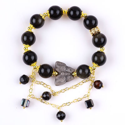 Piedra semipreciosa Obsidiana dorada con plata Obsidiana mariposa forma redonda pulsera de cuentas