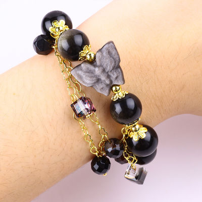 Piedra semipreciosa Obsidiana dorada con plata Obsidiana mariposa forma redonda pulsera de cuentas