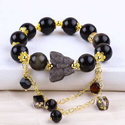 Piedra semipreciosa Obsidiana dorada con plata Obsidiana mariposa forma redonda pulsera de cuentas