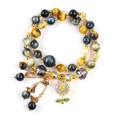 Unico 8MM con el Ojo de Tigre Sueño SolFlower Spinner Encanto Bendición Cristal Doble Pulsera de Capas