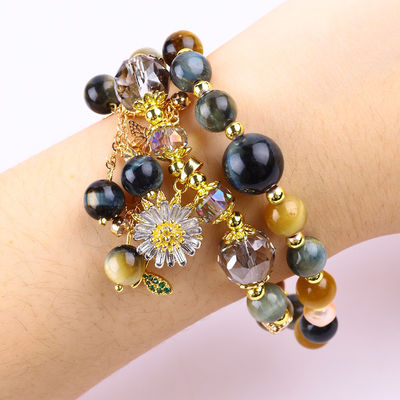 Unico 8MM con el Ojo de Tigre Sueño SolFlower Spinner Encanto Bendición Cristal Doble Pulsera de Capas