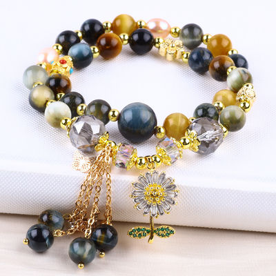 Unico 8MM con el Ojo de Tigre Sueño SolFlower Spinner Encanto Bendición Cristal Doble Pulsera de Capas