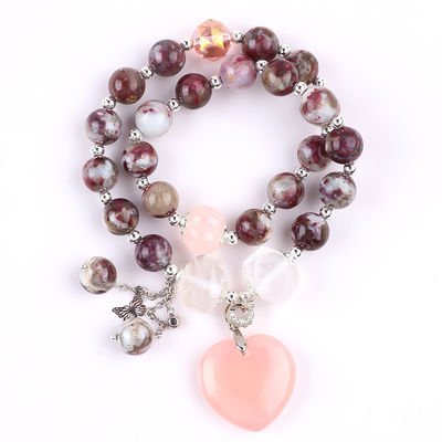 Pulm Blossom Tourmaline Rose Quartz Heart Dangle Encanto Estiramiento Doble Capas Pulsera de cuentas Brazalete
