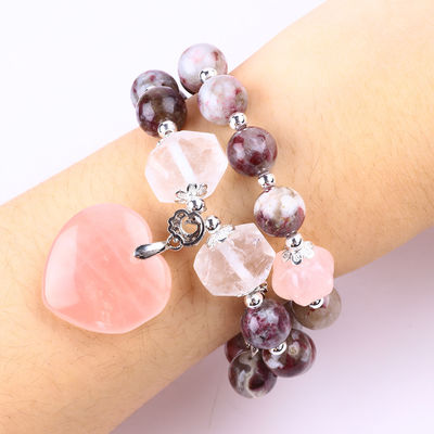 Pulm Blossom Tourmaline Rose Quartz Heart Dangle Encanto Estiramiento Doble Capas Pulsera de cuentas Brazalete