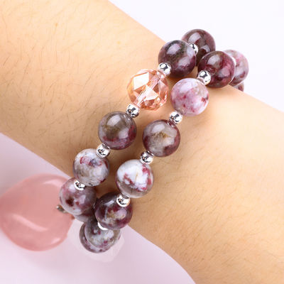 Pulm Blossom Tourmaline Rose Quartz Heart Dangle Encanto Estiramiento Doble Capas Pulsera de cuentas Brazalete