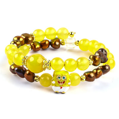 Curación Cristal Verdadero Amarillo Calcedonia y Color Café Perla de Agua Dulce Con Bob Esponja Cartoon Brazalete de Encanto