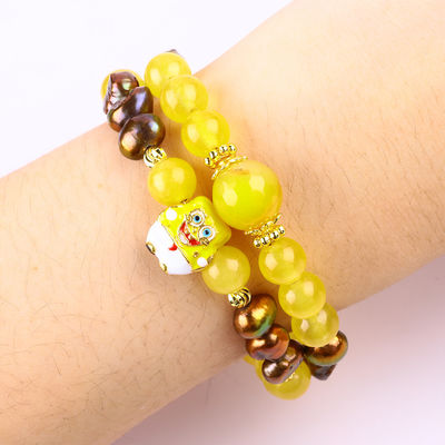 Curación Cristal Verdadero Amarillo Calcedonia y Color Café Perla de Agua Dulce Con Bob Esponja Cartoon Brazalete de Encanto