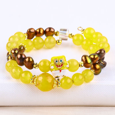 Curación Cristal Verdadero Amarillo Calcedonia y Color Café Perla de Agua Dulce Con Bob Esponja Cartoon Brazalete de Encanto