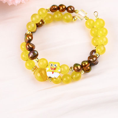 Curación Cristal Verdadero Amarillo Calcedonia y Color Café Perla de Agua Dulce Con Bob Esponja Cartoon Brazalete de Encanto