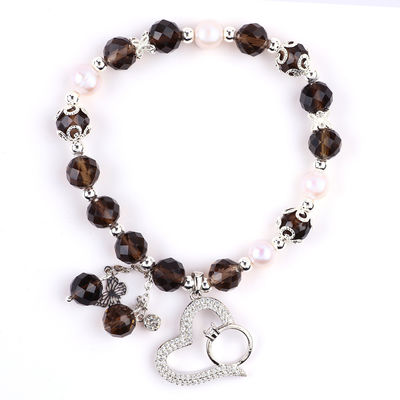 Cuarzo humeante natural y perla blanca Reiki curativo con encanto del corazón elástico brazalete de estiramiento