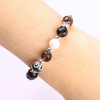 Cuarzo humeante natural y perla blanca Reiki curativo con encanto del corazón elástico brazalete de estiramiento