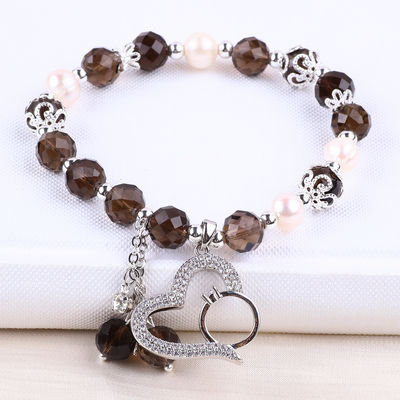 Cuarzo humeante natural y perla blanca Reiki curativo con encanto del corazón elástico brazalete de estiramiento