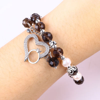 Cuarzo humeante natural y perla blanca Reiki curativo con encanto del corazón elástico brazalete de estiramiento