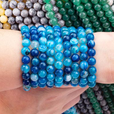 Piedra semipreciosa azul rayada de ágata con hebras sueltas de perlas para la fabricación de joyas
