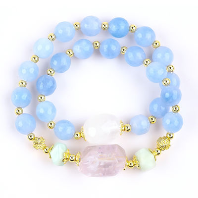 Brazalete de cuentas redondas hechas a mano de cristal azul de calcedonia doble capa multifacético para joyería