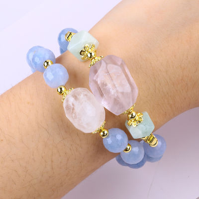 Brazalete de cuentas redondas hechas a mano de cristal azul de calcedonia doble capa multifacético para joyería