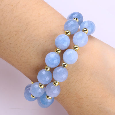 Brazalete de cuentas redondas hechas a mano de cristal azul de calcedonia doble capa multifacético para joyería