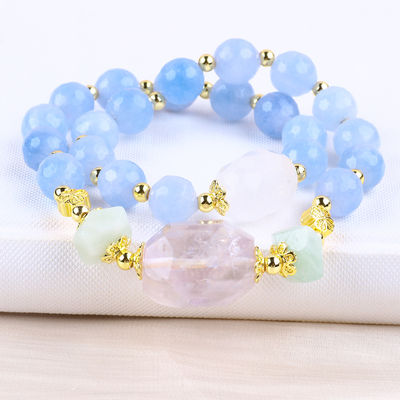 Brazalete de cuentas redondas hechas a mano de cristal azul de calcedonia doble capa multifacético para joyería
