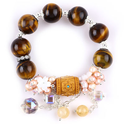 Natural de 14 mm hermoso ojo de tigre y flor perla de agua dulce con brazalete de cuentas de cadena de colgajo