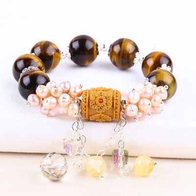 Natural de 14 mm hermoso ojo de tigre y flor perla de agua dulce con brazalete de cuentas de cadena de colgajo