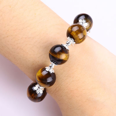 Natural de 14 mm hermoso ojo de tigre y flor perla de agua dulce con brazalete de cuentas de cadena de colgajo