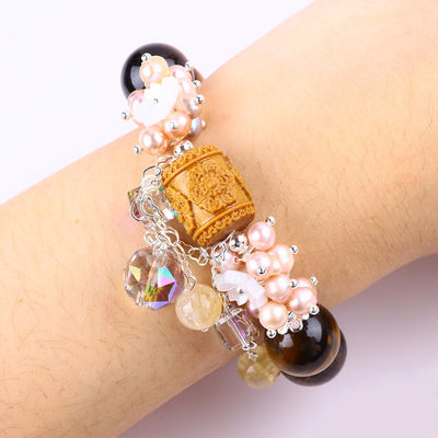 Natural de 14 mm hermoso ojo de tigre y flor perla de agua dulce con brazalete de cuentas de cadena de colgajo