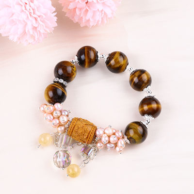 Natural de 14 mm hermoso ojo de tigre y flor perla de agua dulce con brazalete de cuentas de cadena de colgajo