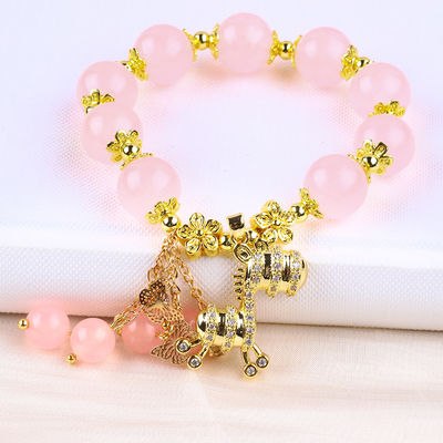 Pulsera de cuentas de cuarzo rosa de 12 mm personalizada con encanto de venado