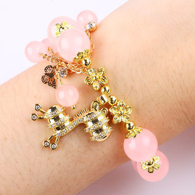 Pulsera de cuentas de cuarzo rosa de 12 mm personalizada con encanto de venado