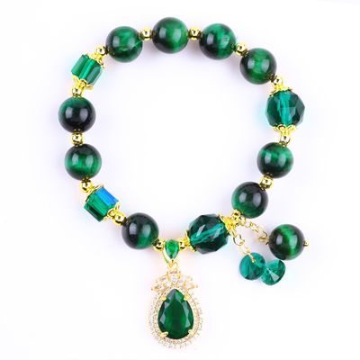 Brazalete de ojos de tigre verde natural de 10 mm con revestimiento de oro de cobre