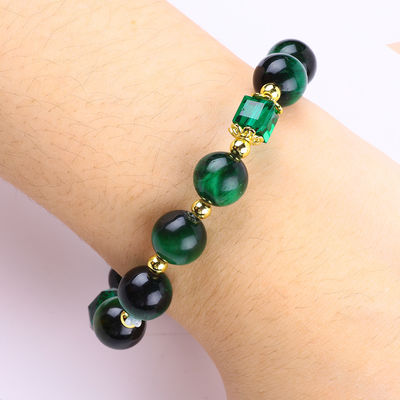 Brazalete de ojos de tigre verde natural de 10 mm con revestimiento de oro de cobre