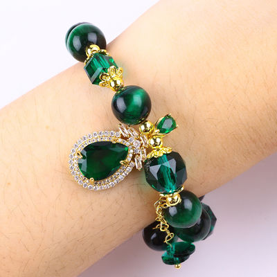 Brazalete de ojos de tigre verde natural de 10 mm con revestimiento de oro de cobre