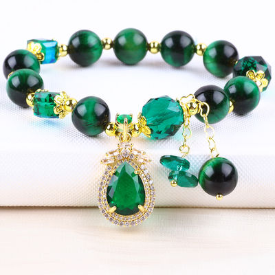 Brazalete de ojos de tigre verde natural de 10 mm con revestimiento de oro de cobre