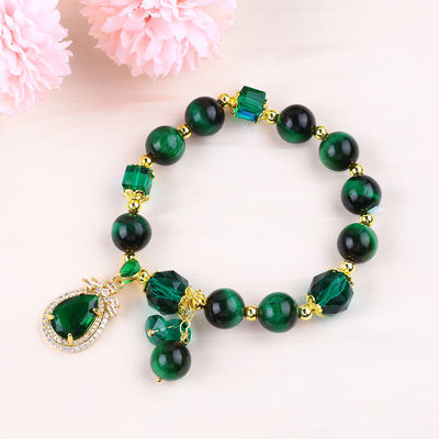 Brazalete de ojos de tigre verde natural de 10 mm con revestimiento de oro de cobre