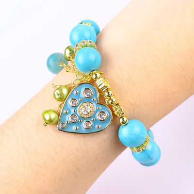 Brazalete de cristal azul turquesa de 12 mm Brazalete de encantamiento de estiramiento de corazón