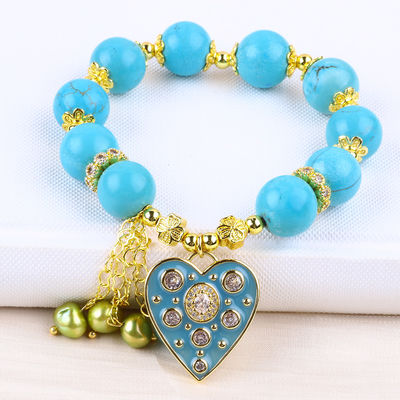 Brazalete de cristal azul turquesa de 12 mm Brazalete de encantamiento de estiramiento de corazón