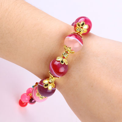Brazalete de piedra de ágata rosa de 14 mm con talla de zorro púrpura de nueve colas