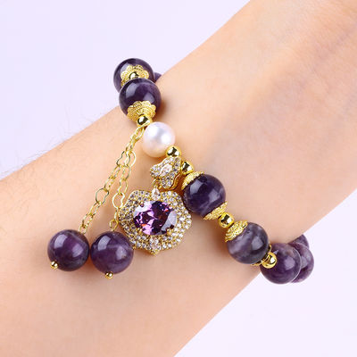 10mm de la Perla Sueño Ametista Piedra de Estiramiento Brazaletes con Bling Bling Purple Encanto
