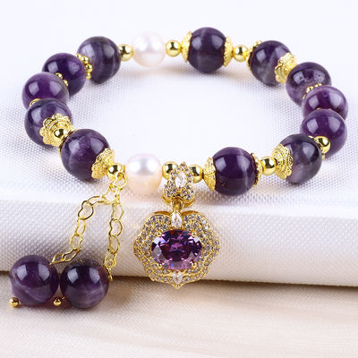 10mm de la Perla Sueño Ametista Piedra de Estiramiento Brazaletes con Bling Bling Purple Encanto