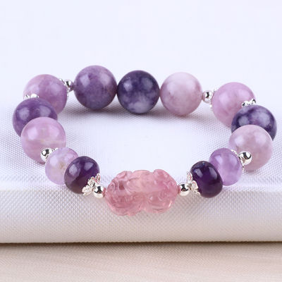 14MM Violeta Mica Brazalete Fluorita Pixiu estiramiento de la pulsera de cuentas Brazalete trae la fortuna