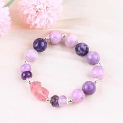 14MM Violeta Mica Brazalete Fluorita Pixiu estiramiento de la pulsera de cuentas Brazalete trae la fortuna
