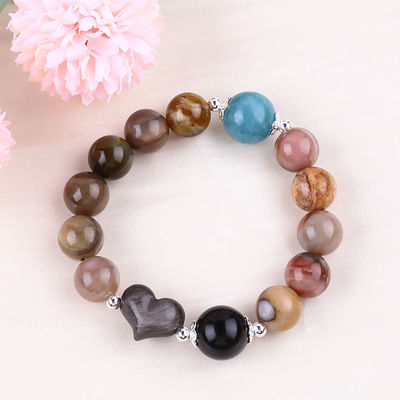Brazalete con cuentas de piedra preciosa hecha a mano Brazalete de piedra natural petrificada de madera Brazalete ajustable de amuletos de piel Brazalete para la fiesta diaria