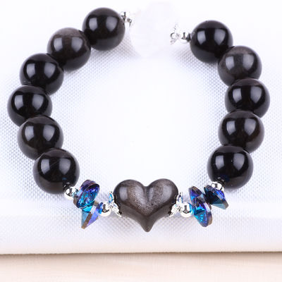 Brazalete con cuentas de piedras preciosas hechas a mano, de plata natural, brillo de obsidiana, brazalete de piedra ajustable, brazalete con encanto para fiestas.