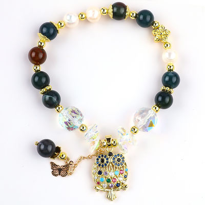 Brazalete con cuentas de piedras preciosas hecho a mano Brazalete de piedra de ágata india natural Brazalete de amuletos de búho ajustable Brazalete para la fiesta diaria